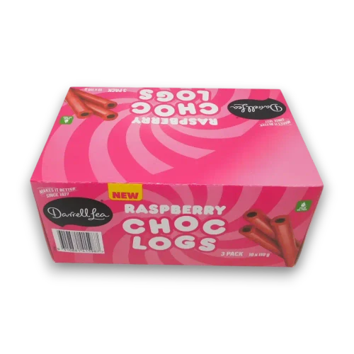 Rear view of Darrell Lea Raspberry Choc Logs display with ten 110g three-packs, at The Professors Online Lolly Shop.