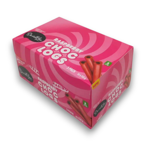 Right angled view of Darrell Lea Raspberry Choc Logs display box with ten 110g packs, from The Professors.
