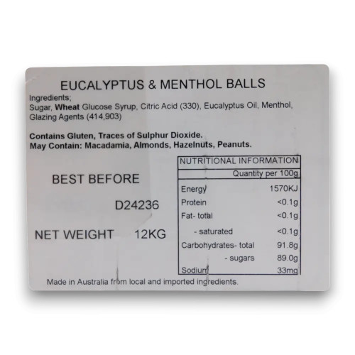 Nutritional information label of The Confectionery House Eucalyptus Balls 1kg bag, detailing ingredients.