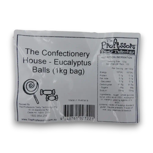 The Confectionery House Eucalyptus Balls 1kg bag label showing nutrition details and Australian-made information.