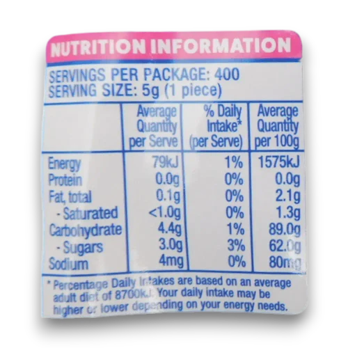Big Lolly Fruit Chews nutrition information panel showing approximately 400 pieces at 5g per fruit chew