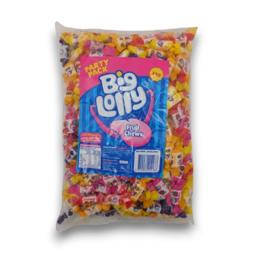 Big Lolly Fruit Chews 2kg party pack filled with colourful individually wrapped 5g confectionery