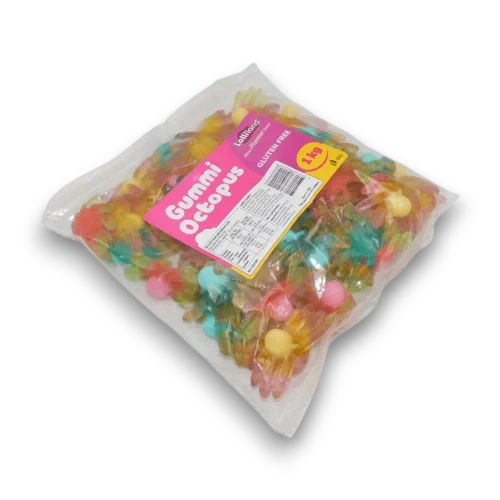 Left angled view of Lolliland Gummi Octopus 1kg bulk bag, showing assorted colourful sea-creature lollies.