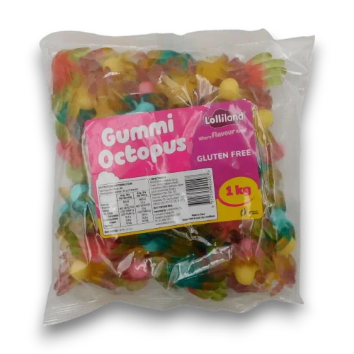 Front view of Lolliland Gummi Octopus 1kg bag with colourful gluten-free gummies and bright pink product label.