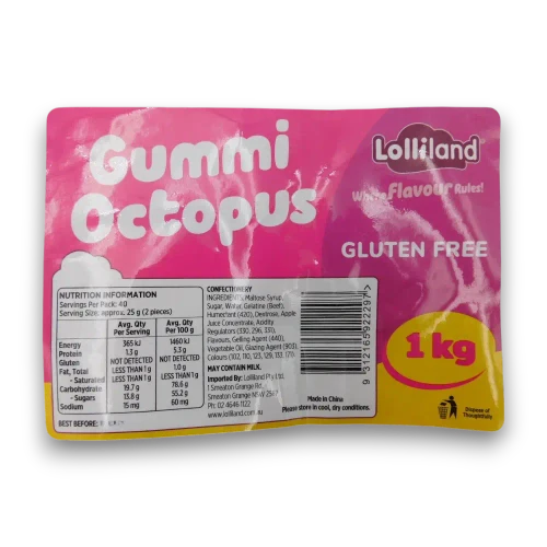 Lolliland Gummi Octopus 1kg bag nutrition and product label confirming gluten-free novelty gummy lollies.