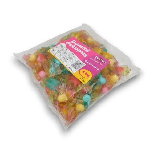 Right angled view of Lolliland Rainbow Rings 1kg bulk bag.