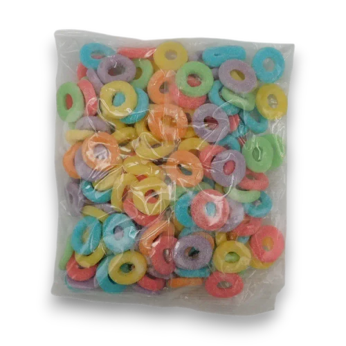 Rear view of Lolliland Rainbow Rings 1kg bag showing colourful sugar-coated gummies, from The Professors Online Lolly Shop.