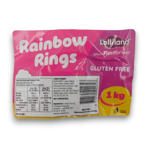 Lolliland Rainbow Rings 1kg bag nutrition and product label confirming the colourful gummies are gluten free.
