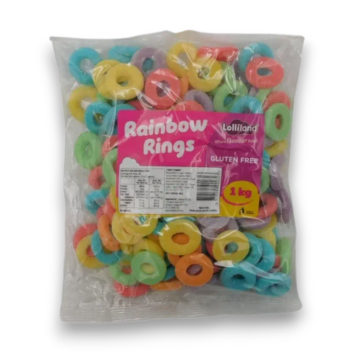 Front view of Lolliland Rainbow Rings 1kg bag with colourful gluten-free gummies and bright pink product label.