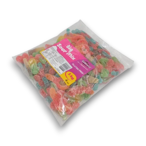 Right angled view of Lolliland Big Sour Mix 1kg bag, from The Professors Online Lolly Shop.