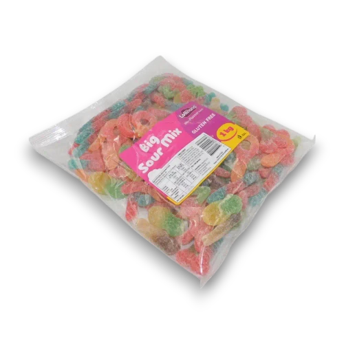 Left angled view of Lolliland Big Sour Mix 1kg bulk bag showing colourful sugar-coated sour gummy lollies.