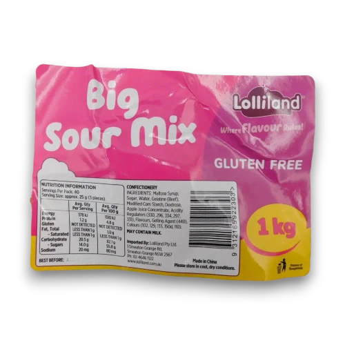 Lolliland Big Sour Mix 1kg bag nutrition and product label confirming the assorted sour gummies are gluten free.