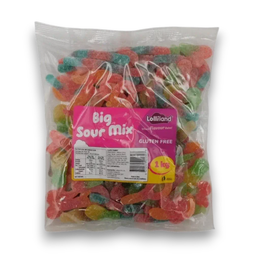 Front view of Lolliland Big Sour Mix 1kg bag with assorted gluten-free gummies and bright pink product label.