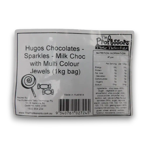 Hugos Chocolates Milk Choc Sparkles label with product name, allergen details and nutrition information