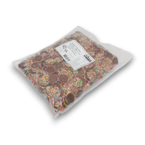 Hugos Chocolates Milk Choc Sparkles 1kg bag with multi colour nonpareil jewels