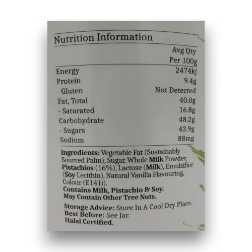 Pistachio Papi Smooth Pistachio Spread 5kg tub nutrition label showing 16% pistachios and Halal certification.