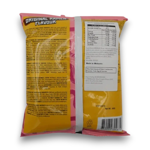 Snaxs Co Original Ramen Crispy Noodle Snacks 60g bag showing product, allergen and nutrition details
