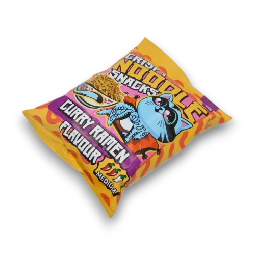Snaxs Co Curry Ramen Crispy Noodle Snacks 60g bag showing the medium chilli rating