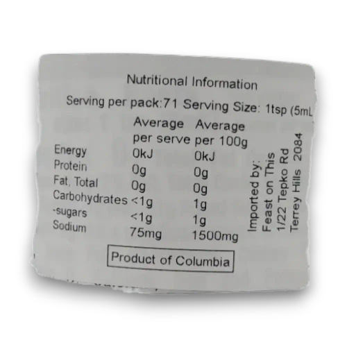 Melinda’s Ghost Pepper Steak Sauce nutrition panel for the 355ml bottle, showing a 5ml serving size