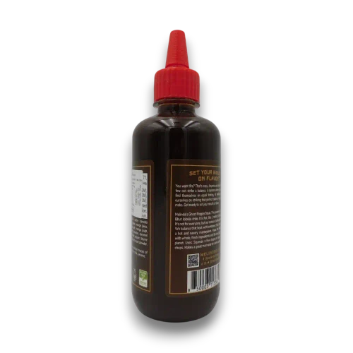 Melinda’s Ghost Pepper Steak Sauce 355ml squeeze bottle with product description and barcode
