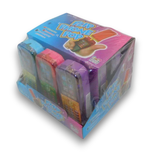 Kidsmania Flip Phone Pop display unit containing 12 assorted novelty lollipops