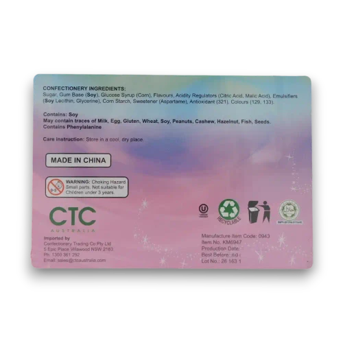 Kidsmania Fruity Space Bandit Bubble Gum Tape ingredient, allergen and safety panel with certification marks
