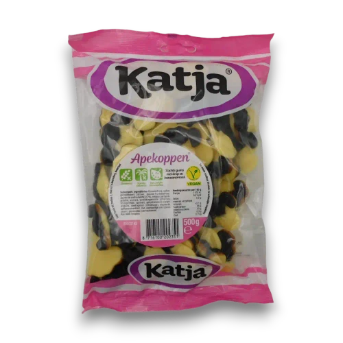 Katja Apekoppen Monkey Heads 500g bag with vegan banana and Dutch liquorice monkey gummies