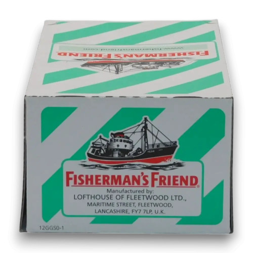 Fisherman’s Friend Mint Sugar-Free 12 x 25g box featuring mint green packaging, available at The Professors Online Lolly Shop.