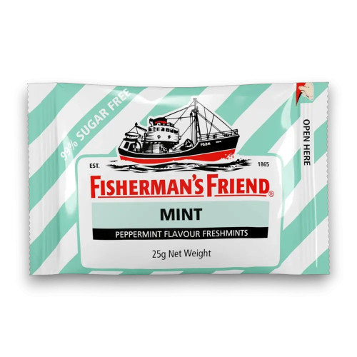 Fisherman’s Friend Mint Sugar-Free 22g packet, peppermint flavour, available at The Professors Online Lolly Shop.