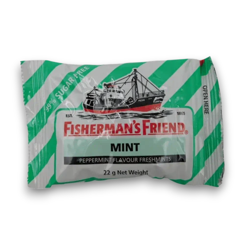 Fisherman’s Friend Sugar Free Peppermint 22g freshmint bag with classic green striped packaging