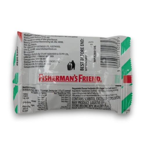 Friend Sugar Free Peppermint 22g bag with nutrition, ingredients and sorbitol warning