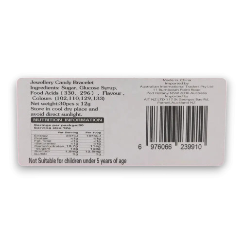 Nutritional label of Jewellery Candy Bracelet 30x12g box.