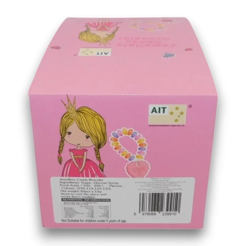 Jewellery Candy Bracelet 30x12g box showing ingredients and nutrition details, at The Professors Online Lolly Shop.