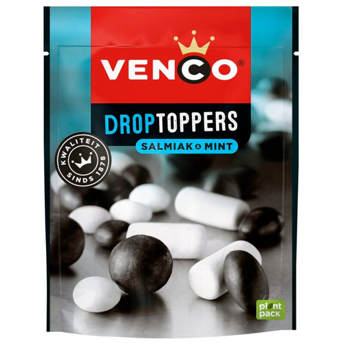 Venco Droptoppers Salmiak & Mint Licorice 225g bag with assorted black and white crunchy Dutch liquorice pieces
