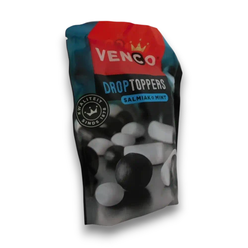 Venco Droptoppers Salmiak and Mint Licorice 225g bag showing the assorted confectionery