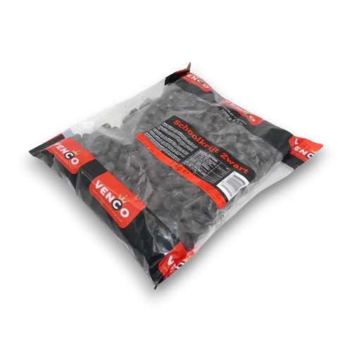 Venco Schoolkrijt Zwart Black Chalk Licorice 1kg bag showing the dark liquorice pieces