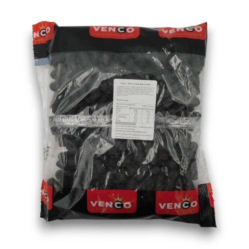 Venco Schoolkrijt Zwart Black Chalk Licorice 1kg bag with importer and nutrition information label