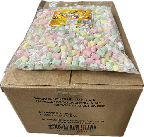 Lolliland Multicolour Mini Marshmallows box with eight 800g bags of pastel vanilla marshmallows for bulk use