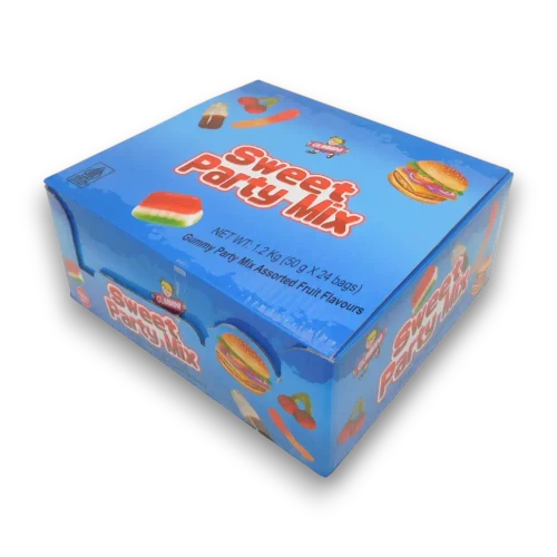 Right view of Gummini Sweet Party Mix display unit with 24 individual 50g assorted gummy bags at The Professors