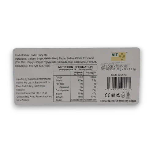 Gummini Sweet Party Mix nutrition panel for 24 x 50g assorted fruit gummy bags, shown online by The Professors