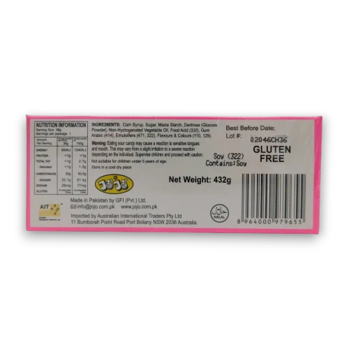 Jojo Sour Chewy Hazards 432g display unit nutrition and ingredients panel showing gluten-free and Halal labels