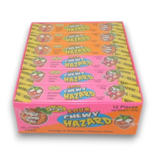 Jojo Sour Chewy Hazards Orange and Strawberry 12 x 36g display unit shown from the front at The Professors