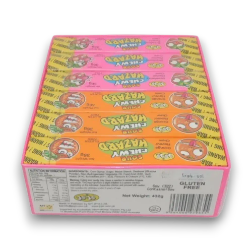Jojo Sour Chewy Hazards Orange and Strawberry display unit with 12 x 36g packs viewed from the back
