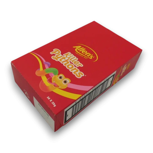 Allens Killer Python lollies in a counter display box with 24 x 23g pcs, great for resale, from The Professors Online Lolly Shop.