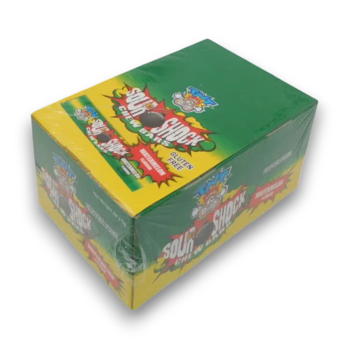 TNT Sour Shock Watermelon Chew Bars, 80 x 9g pieces, right side of display unit at The Professors Online Lolly Shop.
