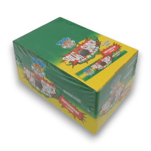 TNT Sour Shock Watermelon Chew Bars, 80 x 9g pieces, left side of display unit at The Professors Online Lolly Shop.