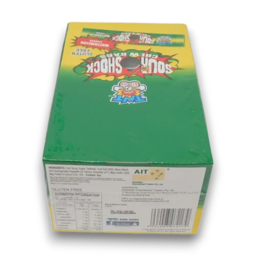 TNT Sour Shock Watermelon Chew Bars, 80 x 9g pieces, ingredients and nutrition label at The Professors Online Lolly Shop.