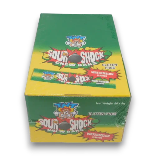 TNT Sour Shock Watermelon Chew Bars, 80 x 9g pieces, front of display unit at The Professors Online Lolly Shop.