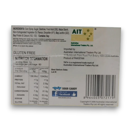 Nutritional information of TNT Sour Shock Watermelon Chew Bars 80 x 9g pieces