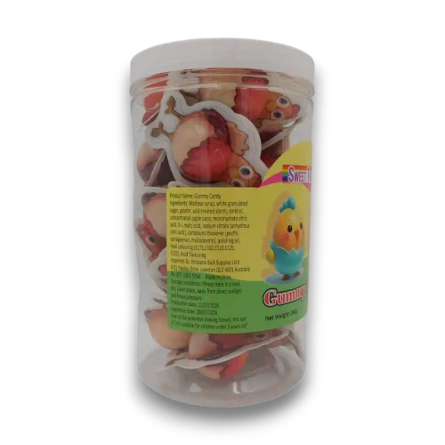 Sweet Treats Gummy Chicken Bursts 240g tub, left view of individual packs and ingredients label, at The Professors